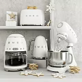 Stylish White SMEG Kitchen Appliances Coffee Maker Kettle And Stand Mixer In Modern Kitchen Setting