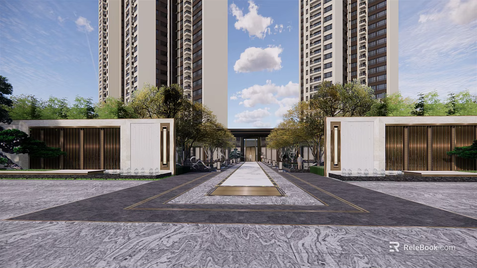 Elegant Garden Landscape With Symmetric Entrance Paved Courtyard And Tall Buildings 3d model 