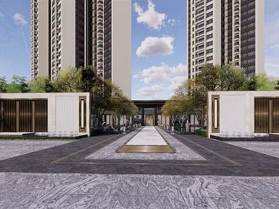 Elegant Garden Landscape With Symmetric Entrance Paved Courtyard And Tall Buildings 3d model