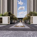 Elegant Garden Landscape With Symmetric Entrance Paved Courtyard And Tall Buildings