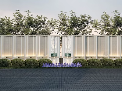Modern White Vertical Striped Garden Wall With Green Bushes Purple Flowers And Trees 3d model