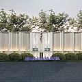 Modern White Vertical Striped Garden Wall With Green Bushes Purple Flowers And Trees