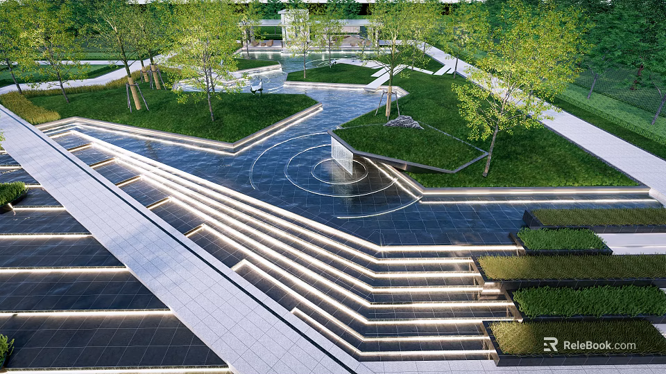 Modern Garden Landscape Design With Illuminated Terraced Steps Green Lawns And Trees 3d model 