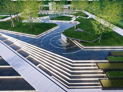 Modern Garden Landscape Design With Illuminated Terraced Steps Green Lawns And Trees 3d model