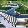 Modern Garden Landscape Design With Illuminated Terraced Steps Green Lawns And Trees