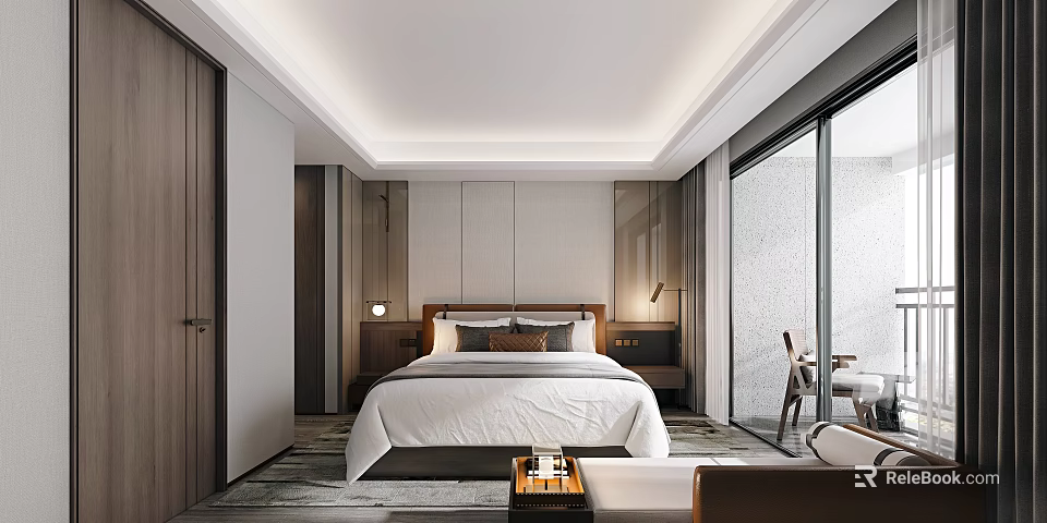 Modern Bedroom Interior With Large Bed Nightstands Table Lamps And Floor To Ceiling Windows 3d model 