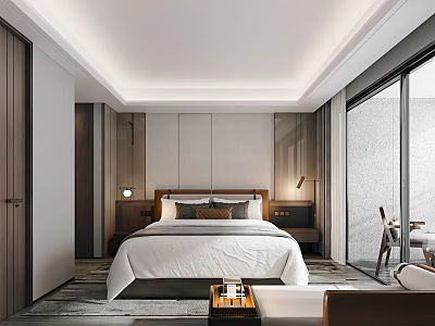 Modern Bedroom Interior With Large Bed Nightstands Table Lamps And Floor To Ceiling Windows 3d model