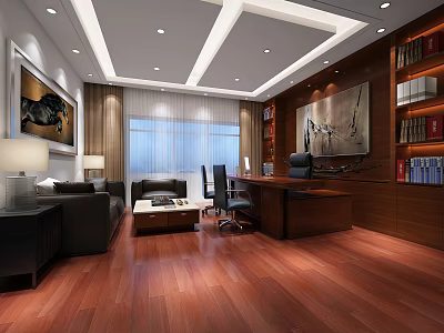 Elegant Office Interior With Wooden Flooring Desk Sofa Bookshelves Paintings And Window Curtains 3d model