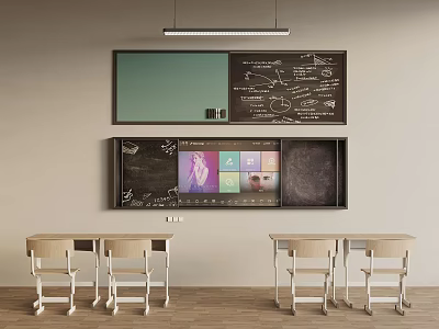 Classroom Interior With Green Blackboard Educational Charts And Light Wooden Desks Chairs 3d model