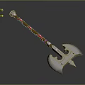 Decorative Battle Axe Weapon With Red Handle White Decorations And Intricate Carved Metal Head