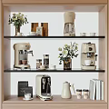 Stylish Coffee Equipment Display On Wooden Shelf With Flowers And Books
