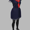 Dark Blue Sailor School Uniform Dress With Red Scarf And Black Stockings