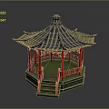 Traditional Chinese Pavilion With Curved Roof Red Pillars And Wooden Railings