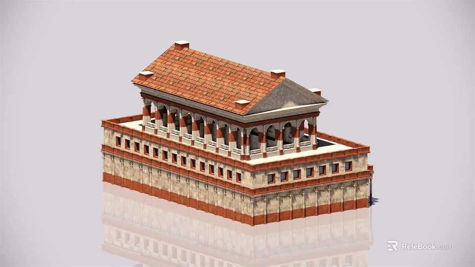 Ancient Stone Brick Building Model With Red Tile Roof And Arched Columns 3d model 