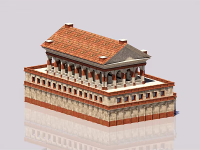 Ancient Stone Brick Building Model With Red Tile Roof And Arched Columns 3d model