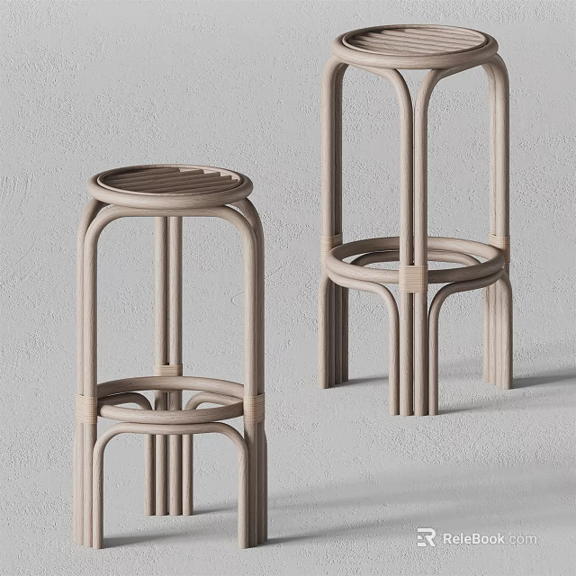 Pair of Modern Light Colored Rattan Stools With Curved Frame Design 3d model 
