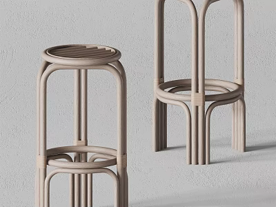 Pair of Modern Light Colored Rattan Stools With Curved Frame Design 3d model