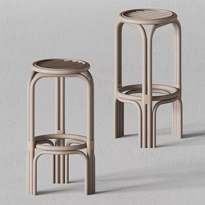 Pair of Modern Light Colored Rattan Stools With Curved Frame Design 3d model