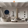 Elegant Living Room With White Curved Sofa Blue Circular Artwork And Wooden Coffee Table