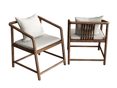 Simple Natural Wooden Dining Chairs With Armrest White Cushion And Pillow 3d model