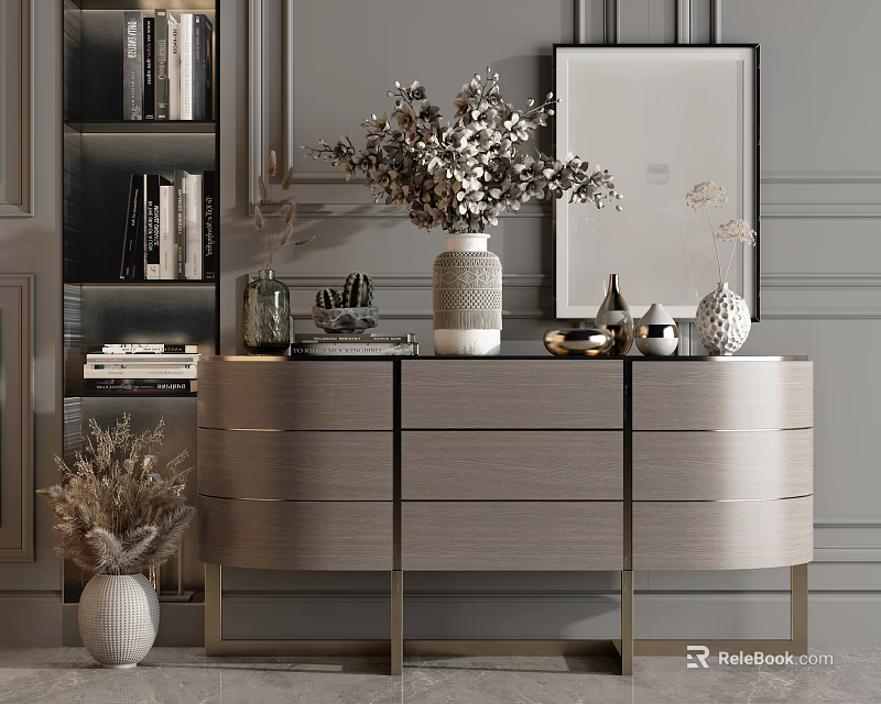 Modern Console Table And Side Cabinet With Light Wood Gold Legs Vases Mirror And Dried Plants 3d model 