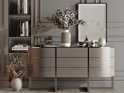 Modern Console Table And Side Cabinet With Light Wood Gold Legs Vases Mirror And Dried Plants 3d model
