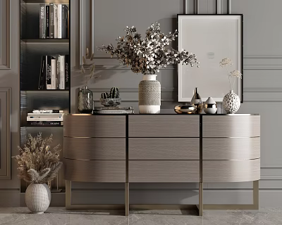 Modern Console Table And Side Cabinet With Light Wood Gold Legs Vases Mirror And Dried Plants 3d model