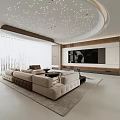Modern Living Room Interior With Circular Starry Ceiling Wooden Walls And Light Beige Sofas