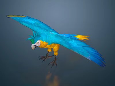 Vibrant Blue and Yellow Parrot Flying with Spread Wings in Sky 3d model