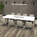 Modern Conference Table With Beige Office Chairs Striped Wall And Pendant Light Interior Design