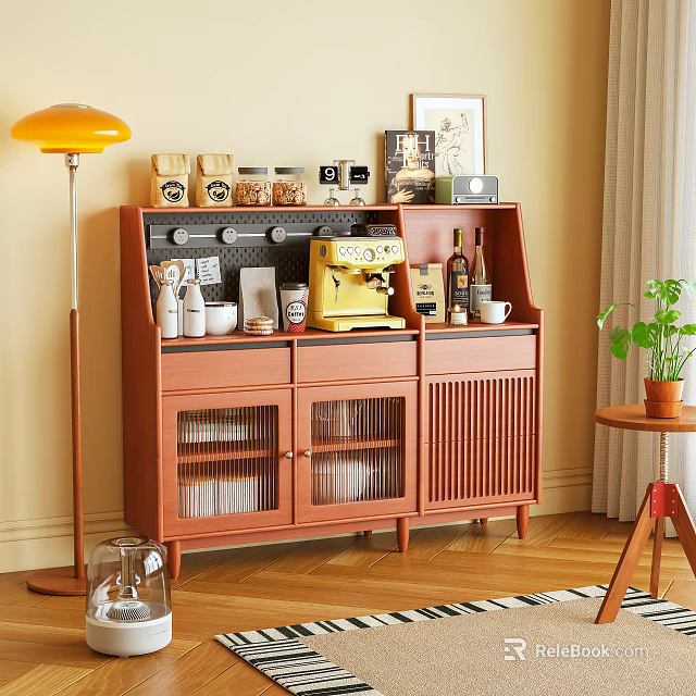 Wooden Sideboard Featuring Coffee Machine Jars Framed Art Floor Lamp and Green Plant 3d model 