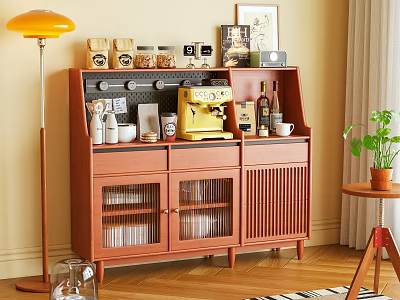 Wooden Sideboard Featuring Coffee Machine Jars Framed Art Floor Lamp and Green Plant 3d model