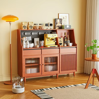 Wooden Sideboard Featuring Coffee Machine Jars Framed Art Floor Lamp and Green Plant 3d model