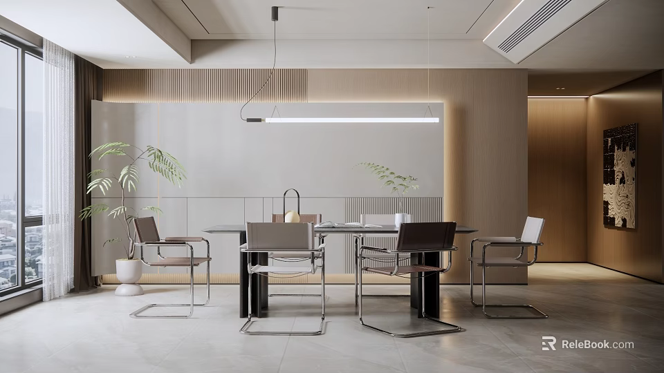 Modern Restaurant Interior With Dining Table Chairs Pendant Lights And Wooden Wall Panels 3d model 