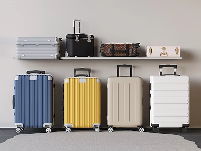 Assorted Suitcases And Luggage With Various Colors And Designs Displayed On Shelf And Floor 3d model