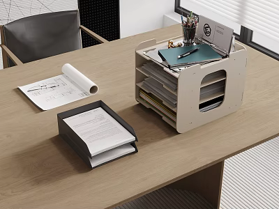 Organized Office Desk With File Folder Multi Layer Organizer Stationery And Paper Roll 3d model