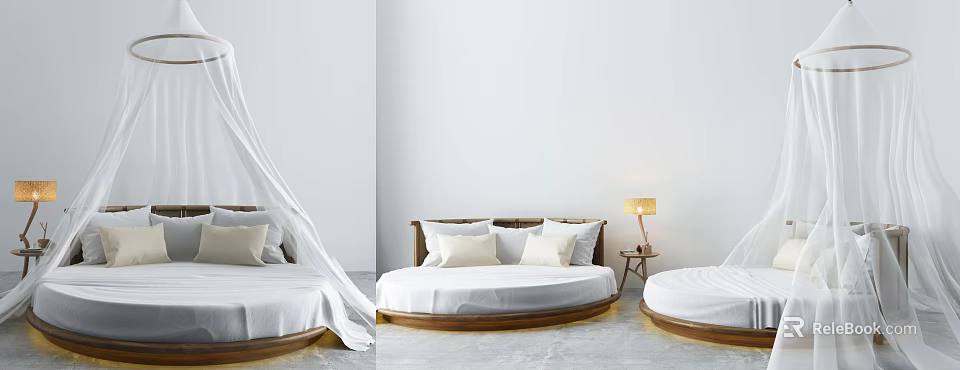 Round Bed Interior Design With Wooden Frame White Sheets And Decorative Pillows 3d model