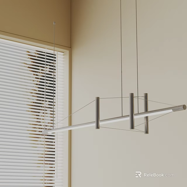 Modern Linear Pendant Light With Metal Frame In Minimalist Interior With Window Blinds 3d model 
