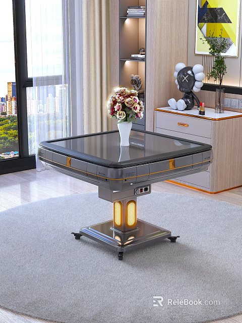 Modern Mahjong Table With Glass Top And Metal Frame For Living Room Card Game Entertainment 3d model 