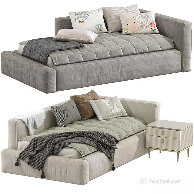 Modern Baby Crib Styles With Pillows Blankets And Side Table 3d model 
