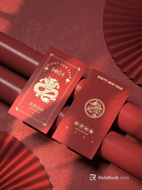 Chinese New Year Red Envelopes With Golden Dragon Design And 2024 Greeting 3d model 
