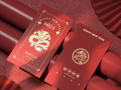 Chinese New Year Red Envelopes With Golden Dragon Design And 2024 Greeting 3d model