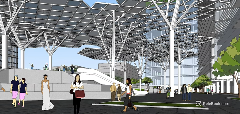 Modern Commercial Complex With Glass Roof And White Columns Pedestrians Walking In Open Public Space 3d model 