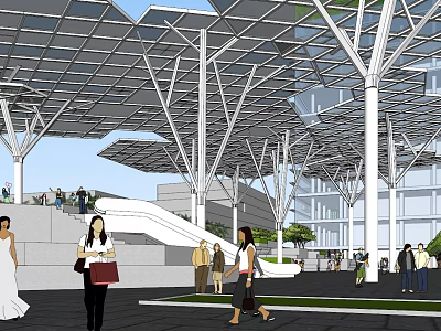 Modern Commercial Complex With Glass Roof And White Columns Pedestrians Walking In Open Public Space 3d model