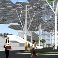 Modern Commercial Complex With Glass Roof And White Columns Pedestrians Walking In Open Public Space