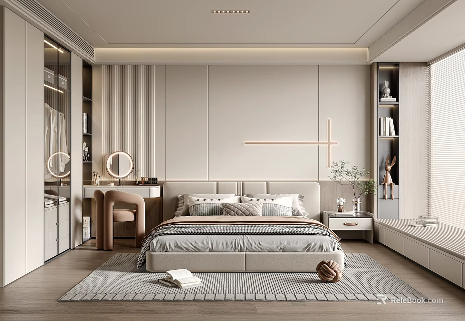 Modern Minimalist Bedroom Interior With Bed Nightstand Rug Mirror And Lighting 3d model 