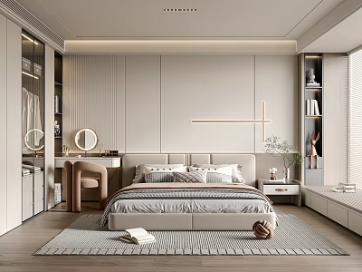 Modern Minimalist Bedroom Interior With Bed Nightstand Rug Mirror And Lighting 3d model