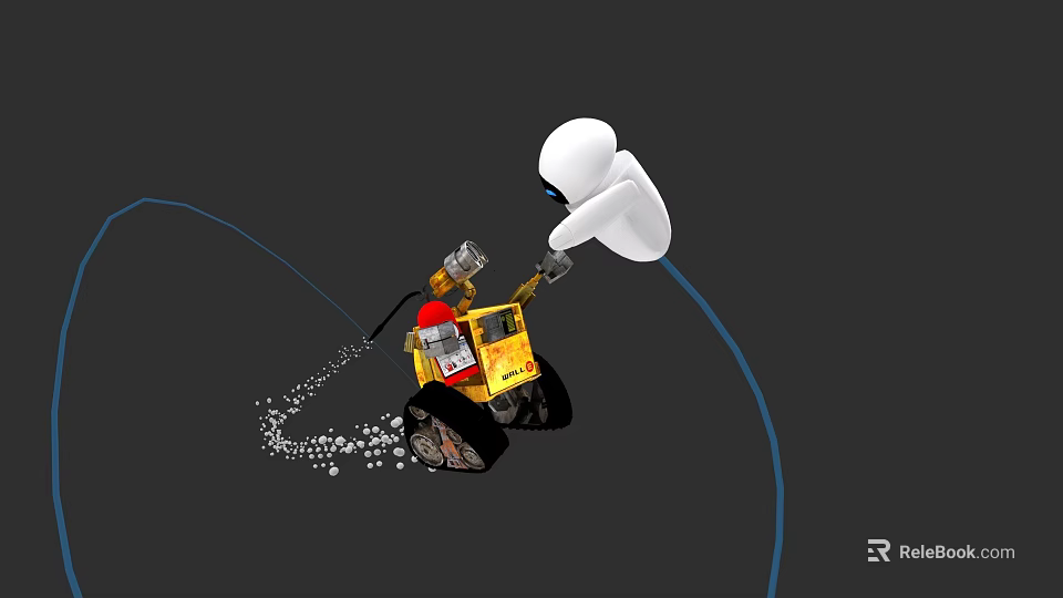 White Cartoon Character Operating Yellow Caterpillar Machine With Red Detail Blue Cable And Dust Trail 3d model 