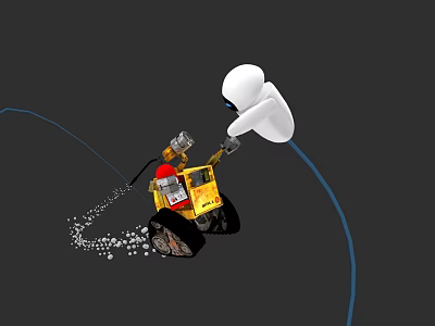 White Cartoon Character Operating Yellow Caterpillar Machine With Red Detail Blue Cable And Dust Trail 3d model