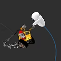 White Cartoon Character Operating Yellow Caterpillar Machine With Red Detail Blue Cable And Dust Trail